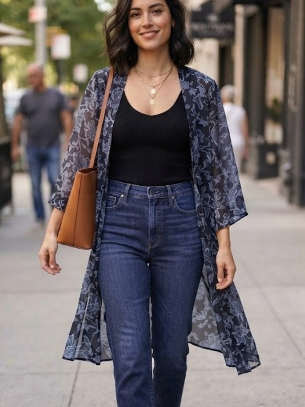Tahari Blue Floral Print Kimono/Cardigan Duster Sheer Black Blue Floral Boho